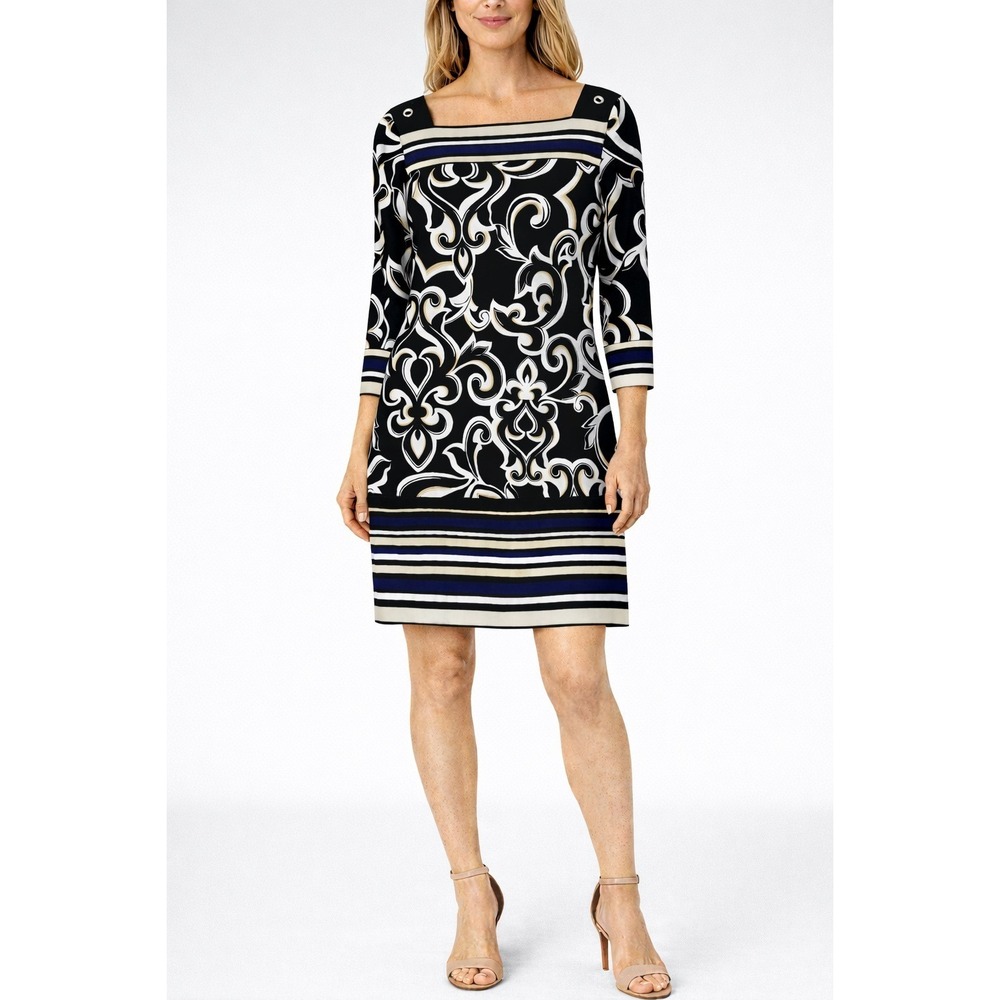 White House Black Market Black White Scroll‎ Print Square Neck Dress Medium
